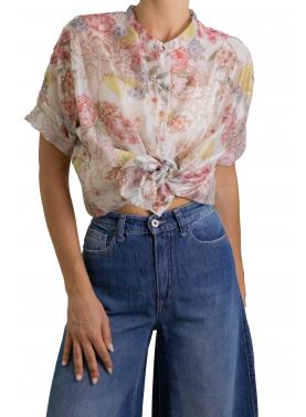 Camicia con collo alla coreana fantasia 